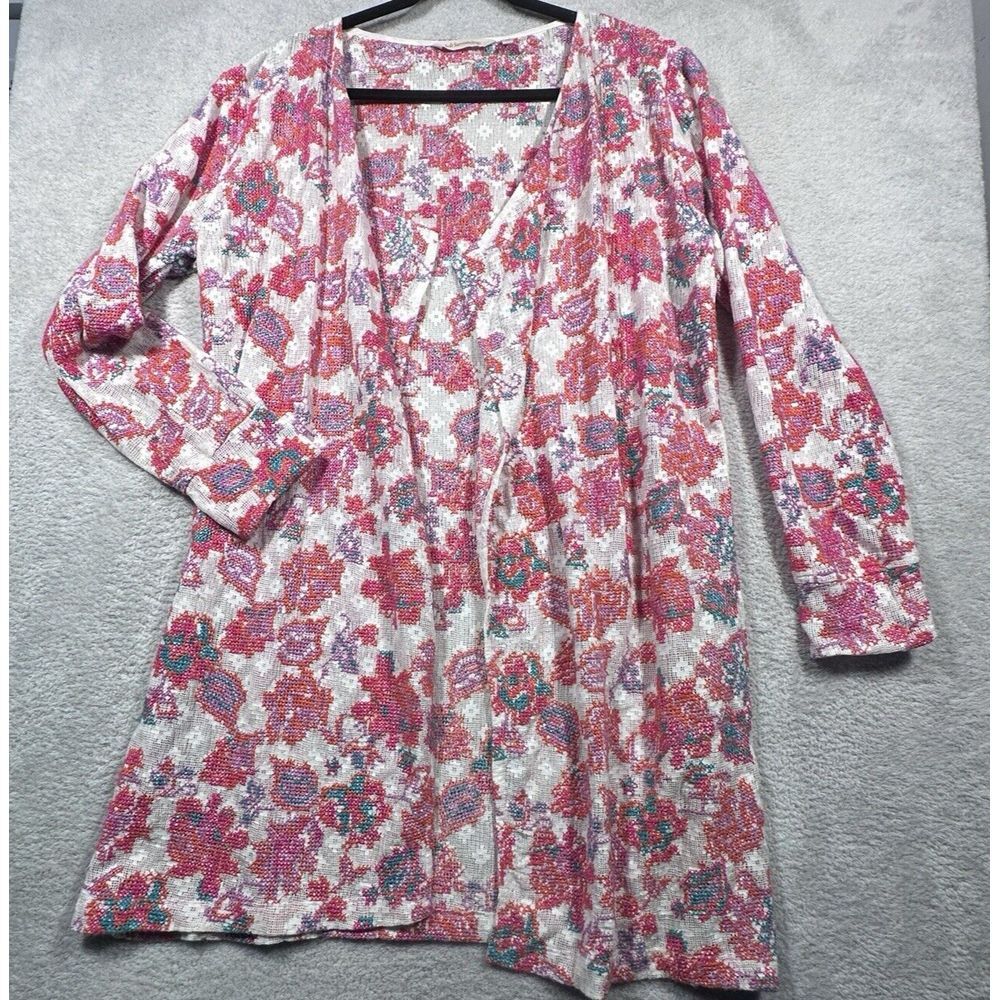 Soft Surroundings Cardigan Womens M Pink Floral Cross Stitch Cottagecore Knit
